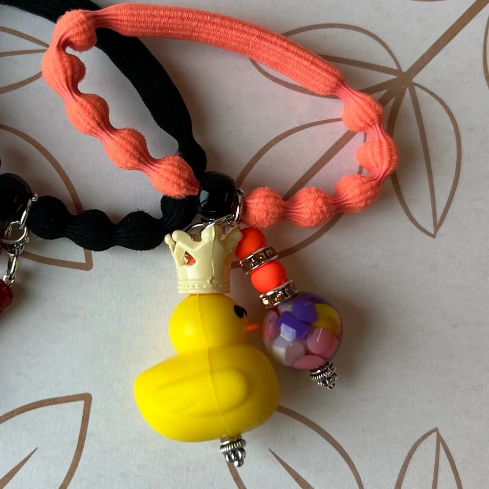 Beaded Mickey and Rubber Duck Hair Ties - Black and Orange Ties